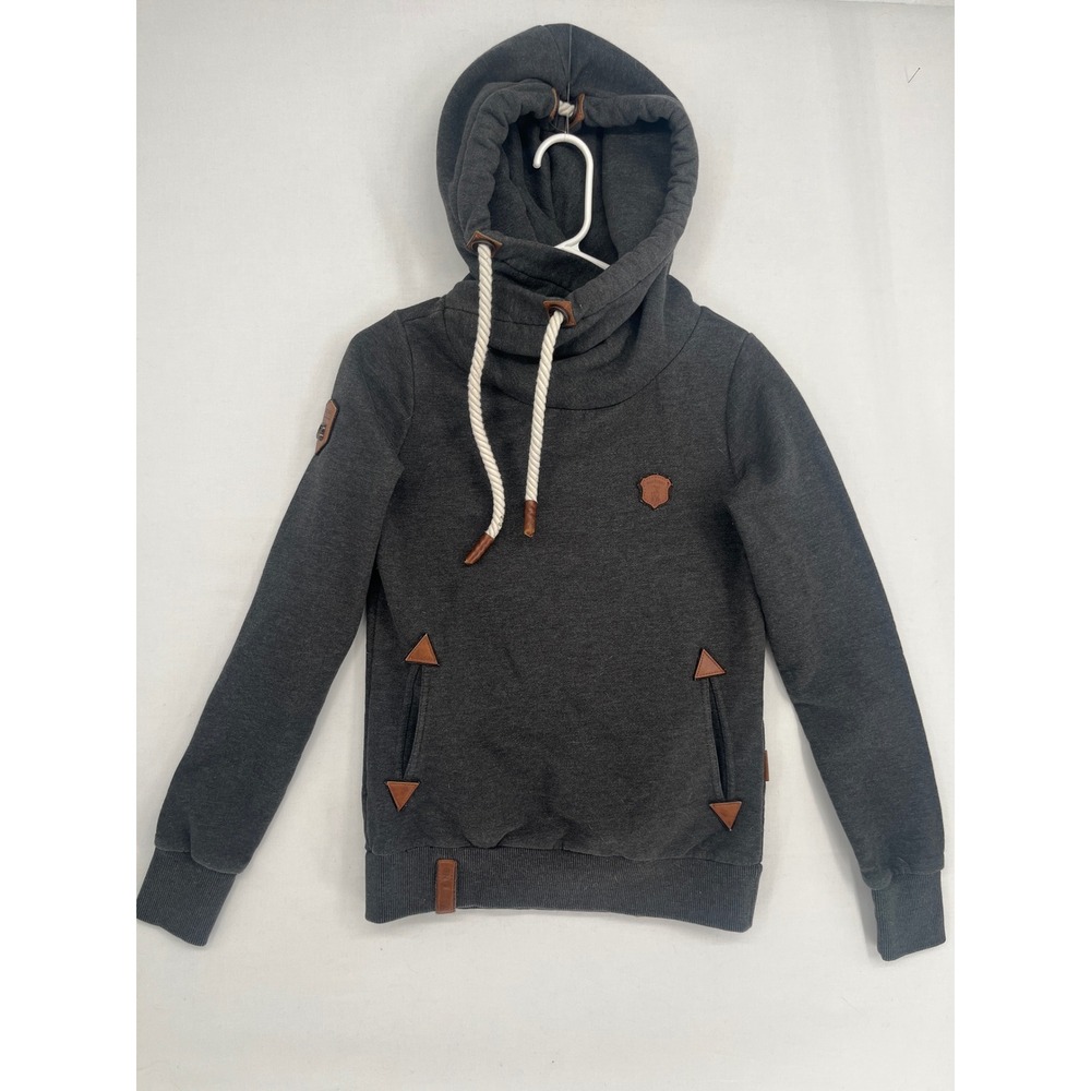 Naketano Brave New Word Hoodie Gray Shawl Neck Rope Drawstring Faux Leather S